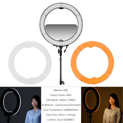 

Andoer RL-680B 189"48cm 55W Dimmable 5500K Macro LED Video Ring Light Lamp 240pcs Beads w White Orange Filter 175cm57ft Metal
