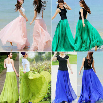 

UK Women Boho Summer Double Layer Chiffon Long Maxi Dress Sundress Bust Skirt