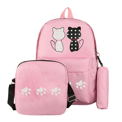 

3pcs Women Composite Cats Canvas Girls Backpack Crossbody Bag Pencil Case