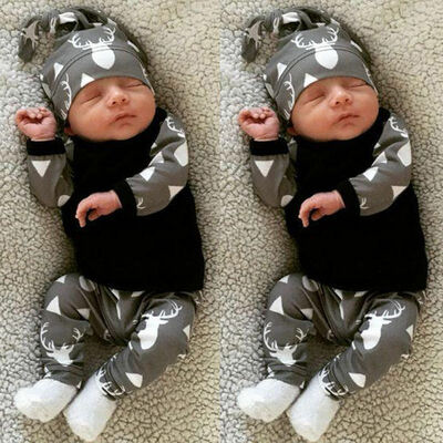 

Newborn Baby Boys Clothes Deer Tops T-shirt Pants Leggings Hat 3pcs Outfits Set