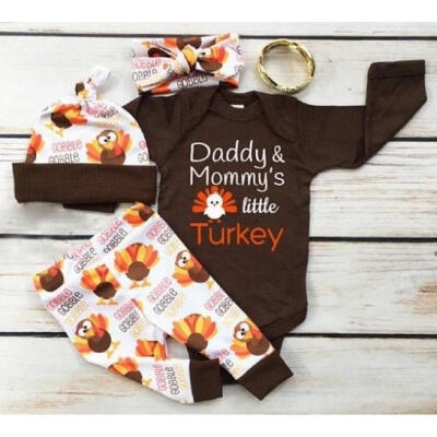 

Thanksgiving Newborn Baby Turkey Romper Pants Hat Headband Outfit Clothes Set