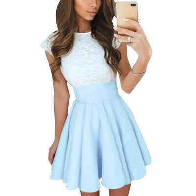 

Lace Dress Splicing Cup Sleeve O-neck Women Belt Pleated A-line Dresses