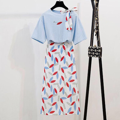 

Women Round Neck Short SleeveT Shirt High Waist Midi Skirt Set