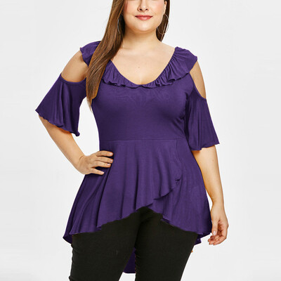 

Roseonmyhand Womens Plus Size V-neck Short Sleeve Off Shoulder Ruffled Irregular Hem Tops