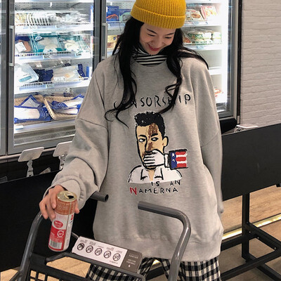 

Korean Style Cartoon Print Womens Thin Pullover Loose Casual Round Neck Long Sleeve Top