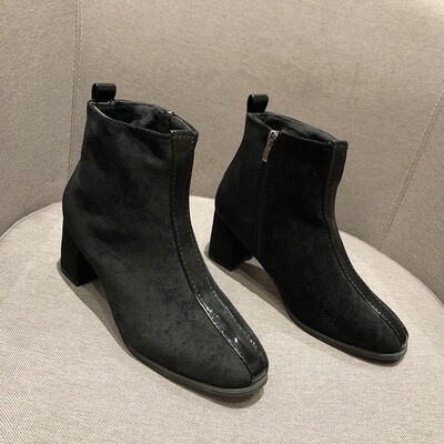 

Square head Chelsea short boots British style thin boots black Martin boots high heels thick heels