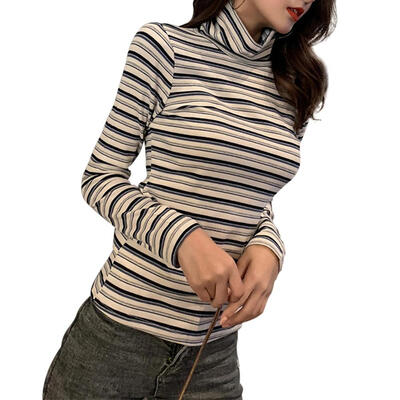 

Harajuku Striped Turtleneck Base T-shirt Women Long Sleeve Casual Tops