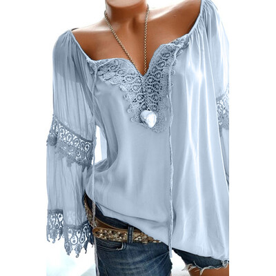 

Nomeni Womens Plus Size Off Shoulder Lace Pure Color Long Sleeves Blouse Loose Tops