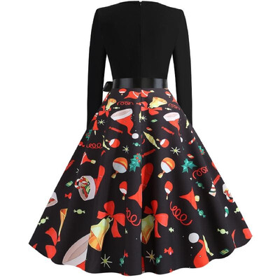 

L8076 cross-border Christmas retro large size womens autumn&winter round neck long-sleeved color print large dress black