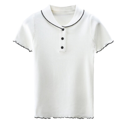 

Cute Crochet Peter Pan Collar Cute Female Teens T-shirt Short Sleeve Contrast Color Chic Womens Summer Cozy Tee Shirt New