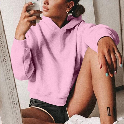

Autumn Winter Women Casual Loose Short Hooded Sweater Long Sleeved Stylish Tops Solid