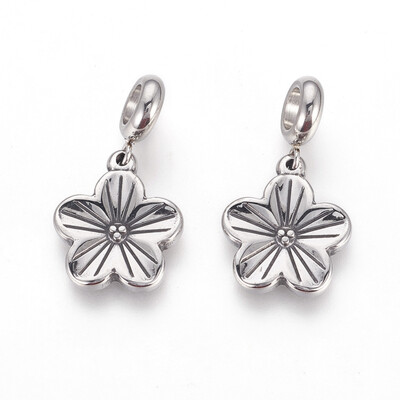 

304 Stainless Steel European Dangle Beads Large Hole Pendants Flower Antique Silver 29mm Hole 5mm Pendant 19x16x25mm