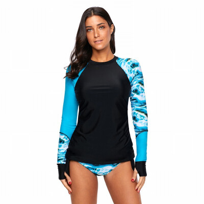 

High collar long sleeve color print with chest pad without steel support triangle Plus Size split swimsuit