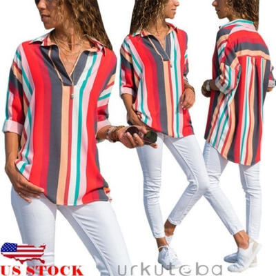 

US Womens Long Sleeve Loose Blouse Casual Tops Summer Chiffon Button-Up Shirt