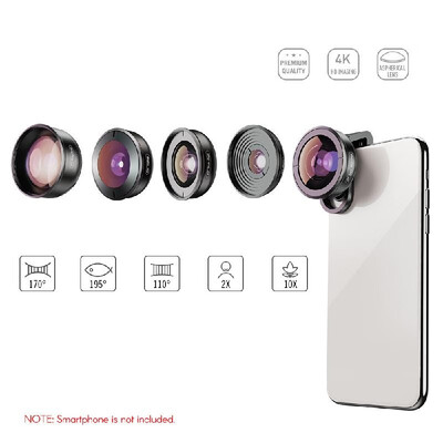 

APEXEL APL-HD5V2 5in1 HD Mobile Phone Lens Set- 2X Telephoto Lens 195° Fisheye 110° Wide Angle 170° Super Wide Angle 10x Macro Len