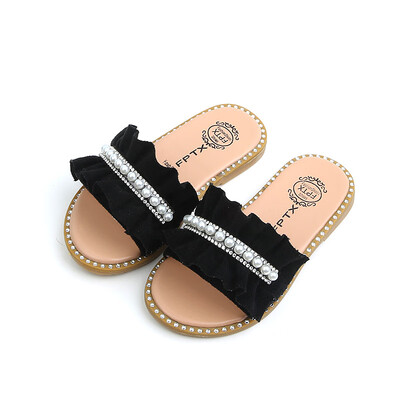 

New Children Pearl Beading Embellished Decorative Home Soft Slippers Summer Outdoor Beach Sandals Slippers