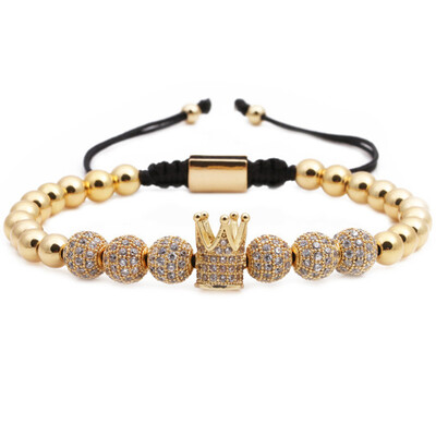 

Charm Bracelets - Luxury CZ Polygon Ball Gold Crown King Bead Bangle Bracelets for Men Women Jewelry