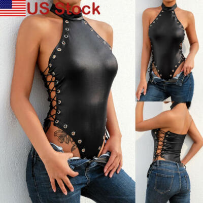 

Sexy lingerie Women PU Leather Bodycon Bandage Bodysuit Jumpsuit Romper Vest Top