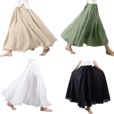 

HOT Summer Womens High Waist Pleated A- Line Long Skirt Maxi Cotton Linen Dress