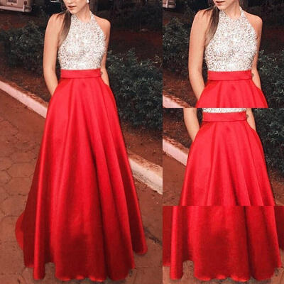 

Fashion Elegant Sequin Patchwork Sleeveless Halter Neck Formal Party Ball Gown Prom Bridesmaid Long Dress