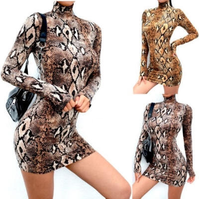 

Women Long Sleeve Snake Skin Pattern Print Bodycon Stretch Midi Party Dress Club