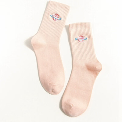 

Embroidered Cotton Women Socks 2019 Autumn Winter New Trend Motion Solid Color Cute Planet Fashion Style Socks