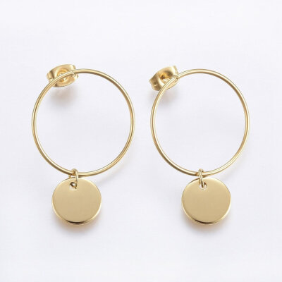 

304 Stainless Steel Stud Earrings Ring&Flat Round Golden 33x22x1mm Pin 08mm