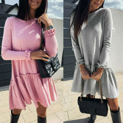 

Fashion Women Long Sleeve Ruffle Solid Pleat Mexi Dress Casual Mini Dress Autumn