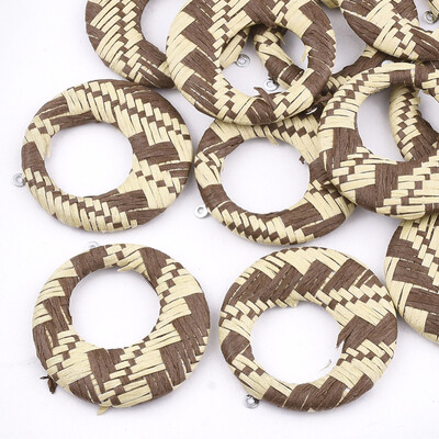 

Handmade Raffia Woven Pendants with Iron & Aluminum Findings Flat Round Platinum LightKhaki 435x405x5mm Hole 12mm