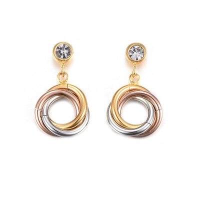 

304 Stainless Steel Dangle Stud Earrings with Rhinestone Rings Mixed Color 20x115x35mm Pin 08mm