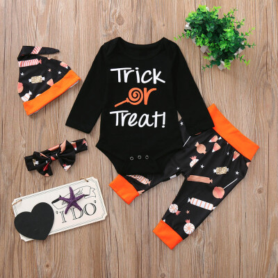 

Newborn Baby Letter Romper Tops Cartoon Prin Pants Cap Halloween Clothes Sets