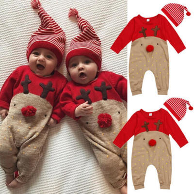

US Newborn Baby Boy Girl Christmas Reindeer Romper Jumpsuit Clothes OutfitsHat