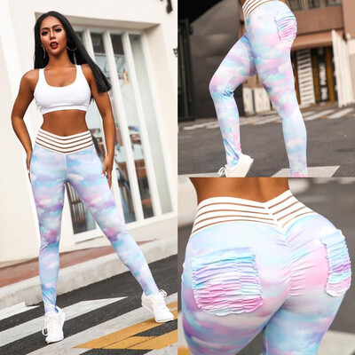 

New cross-border lace high waist butt folds pocket yoga gradient fitness casual bottoming nine pants womens clothing Photo