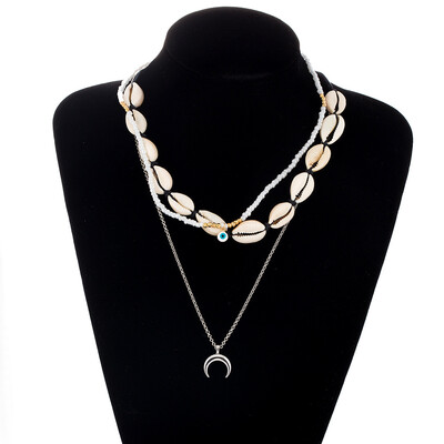 

2019 Summer alloy horn white Fashion Seed beads Rope eye shell multi-layer necklace Jewelry For Girls Lady