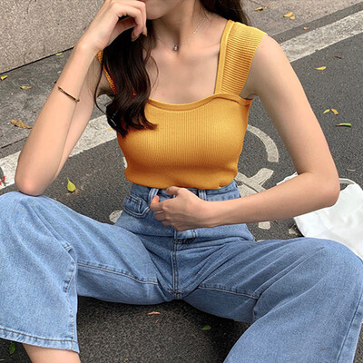 

Womens Sexy Square Collar Solid Sleeveless Pullover Knitted Tank Top
