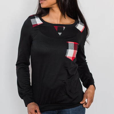 

Nomeni Fashion Women Casual Pocket Splice Loose Long Sleeve Round Neck T-shirt Tops