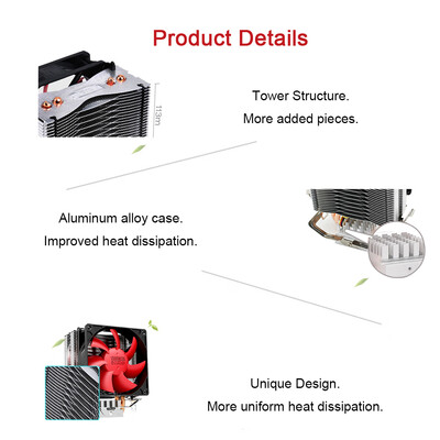 

CPU Cooling Fan 4 Copper Pipe CPU Cooler Fan with Red LED Light Low Noise