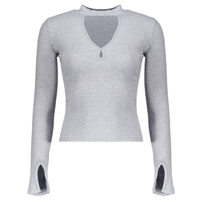 

Fashion Stand Neck Long Sleeve Cutout Solid Color T-Shirt For Women