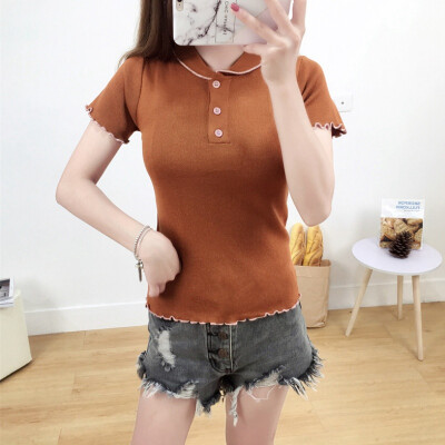 

Cute Crochet Peter Pan Collar Cute Female Teens T-shirt Short Sleeve Contrast Color Chic Womens Summer Cozy Tee Shirt