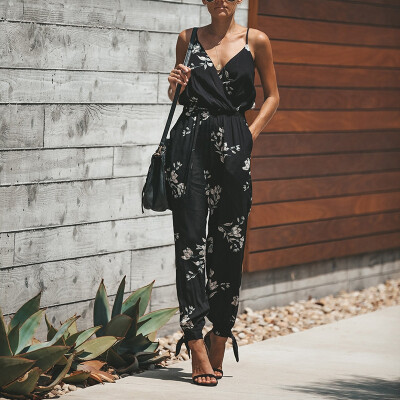 

Women Spaghetti Strap Jumpsuits Playsuit Floral Printed Sexy Rompers Pockets Backless Loose Casual Bodysuits Female