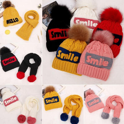 

Cute Kids Baby Boys Girls Knitted Hat Cap with Scarf Tie up Warmer Winter Set