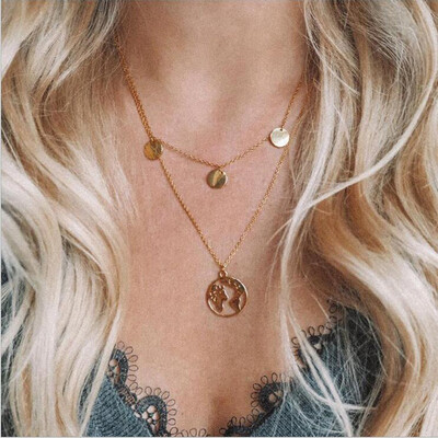 

New Simple Gold Coin Layered Map Choker Necklace For Women Multi Layer Chocker Necklaces Pendants collar collier femme collares