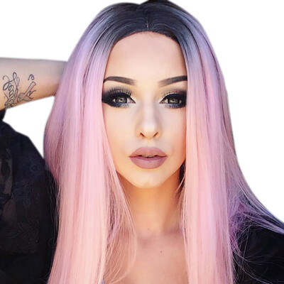 

Long Straight Pink Black Women Hairpieces Party Cosplay Fiber Fake Hair Elastic Headwear Smooth Wigs