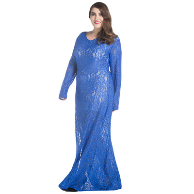 

Women Plus Size Lace Maxi Dress V-Neck Full Sleeve Lined Evening Party Solid Long Dress