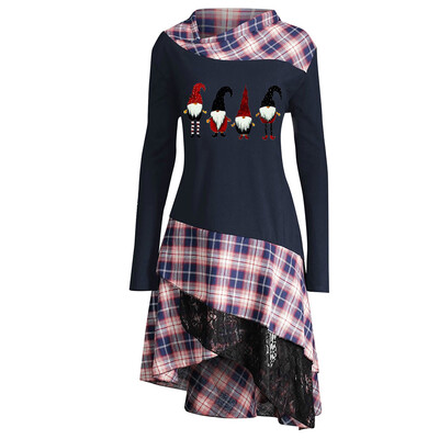

Tailored Womens Merry Christmas Print Lace Plaid Panel Loose Long Tops Tunic Blouse