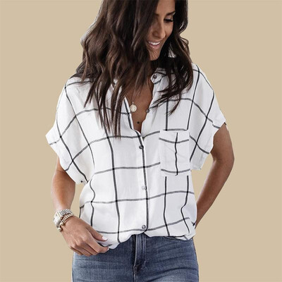 

2019 European&American womens cross-border summer new white stand collar bat sleeves loose short-sleeved plaid shirt top whit