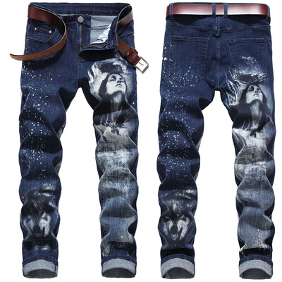 

Gobestart Mens New Fashion 3D Personality Slim Color Print Stretch Denim Trousers