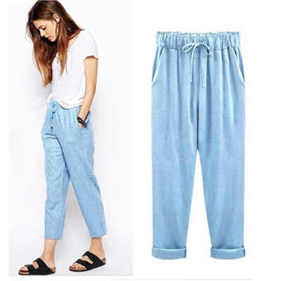 

Tailored Plus Size Casual Women Cotton Linen Pants Elastic Waist Summer Slim Lady Pants