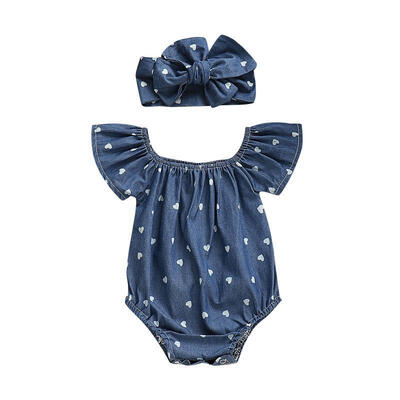 

UK Newborn Baby Girls Denim Blue Cotton 2pcs Outfits Romper Bodysuit Clothes Set