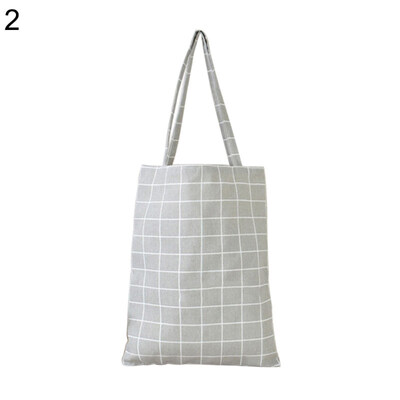 

Linen Shopping Bag Daily Use Foldable Large Capacity Plaid Shoulder Tote Handbag